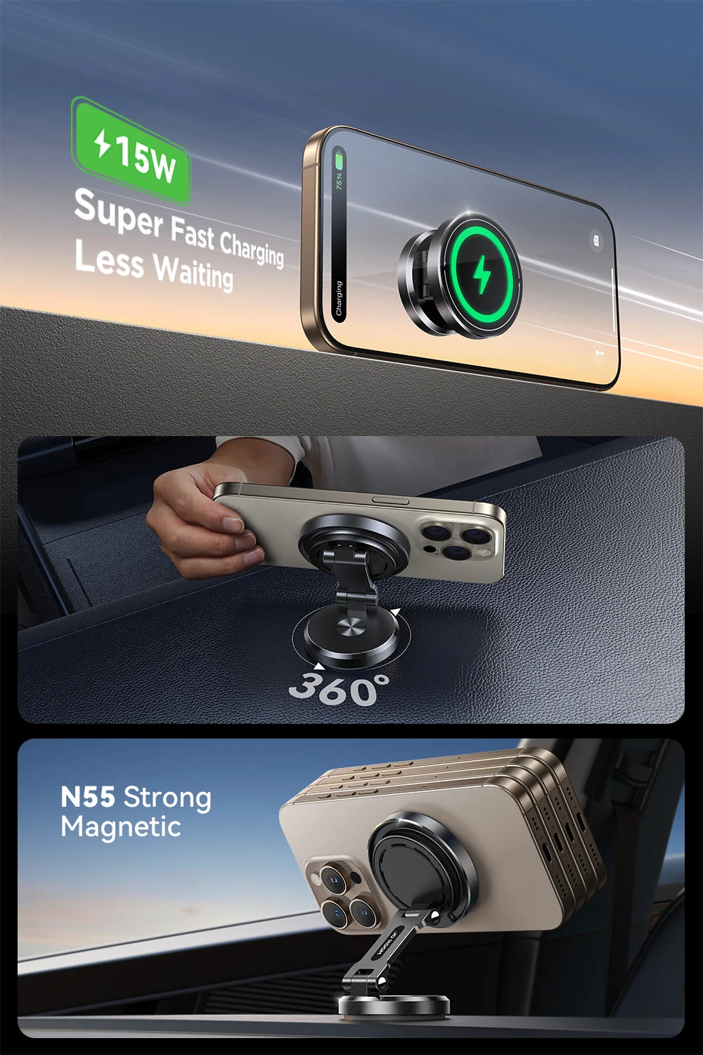 Magnetic Car Phone Holder with 15W Wireless Charging – 360° Rotating Dashboard Mount