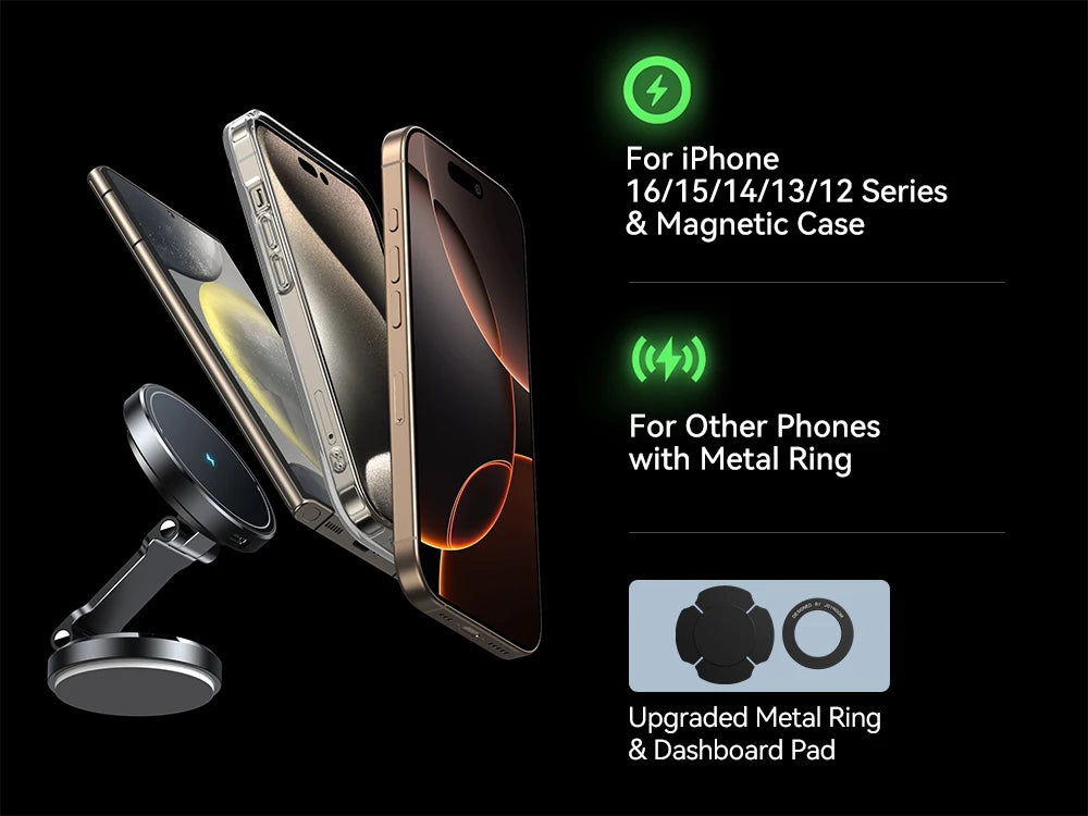 Magnetic Car Phone Holder with 15W Wireless Charging – 360° Rotating Dashboard Mount