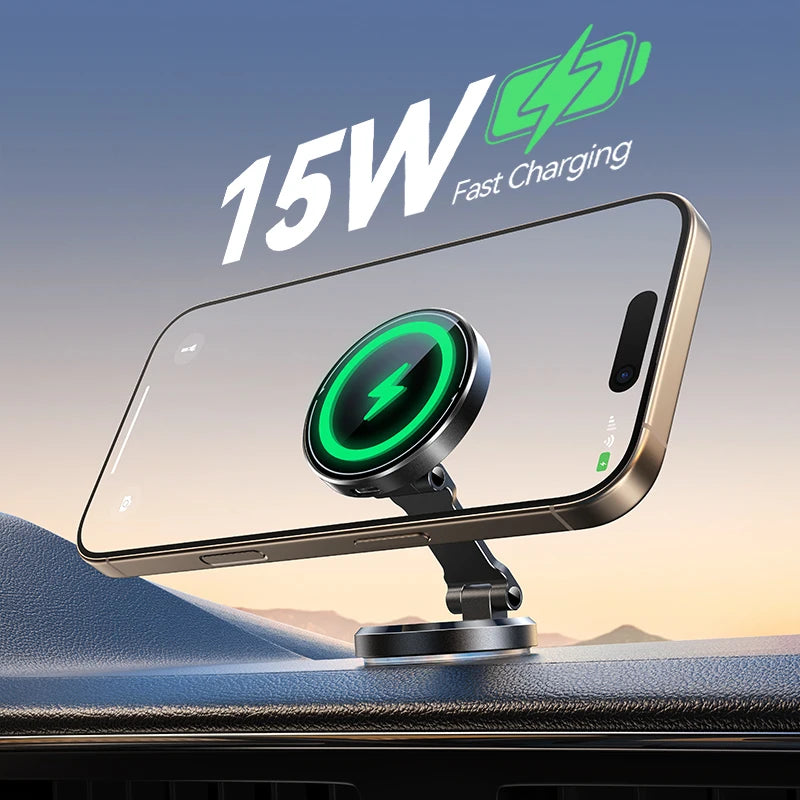 Magnetic Car Phone Holder with 15W Wireless Charging – 360° Rotating Dashboard Mount