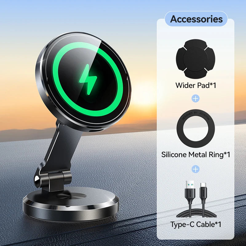 Magnetic Car Phone Holder with 15W Wireless Charging – 360° Rotating Dashboard Mount